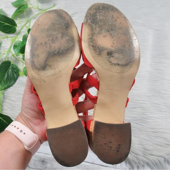 NINE WEST Give It To Me Red Suede Strappy Cork Heel Sandal Women’s Size 7.5 - Picture 10 of 15